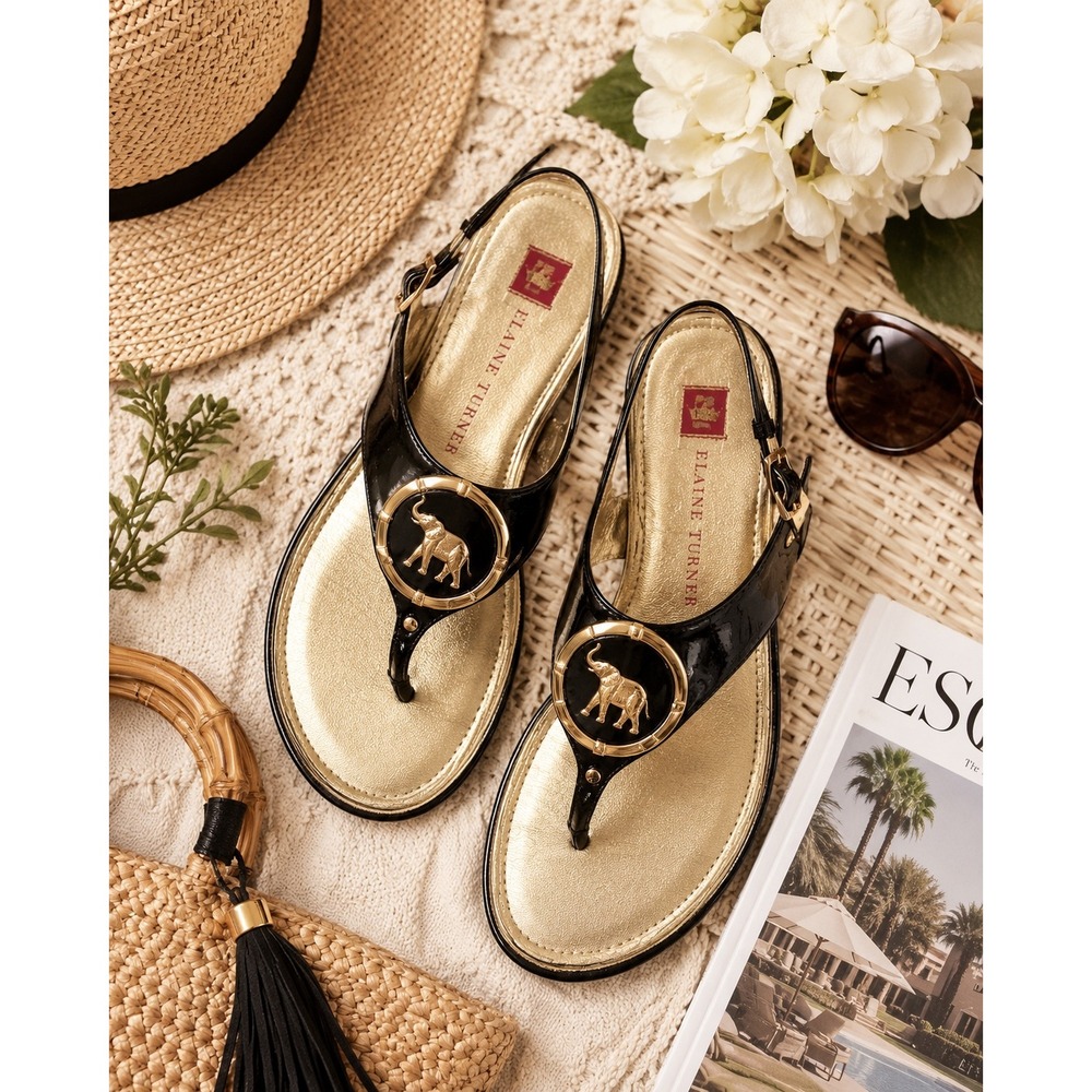 Elaine Turner Frances Black Patent Gold Elephant Medallion Slingback Sandals 9